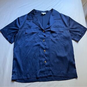 MONTSERRAT blue satin gold novelty button up short sleeve boxy shirt
